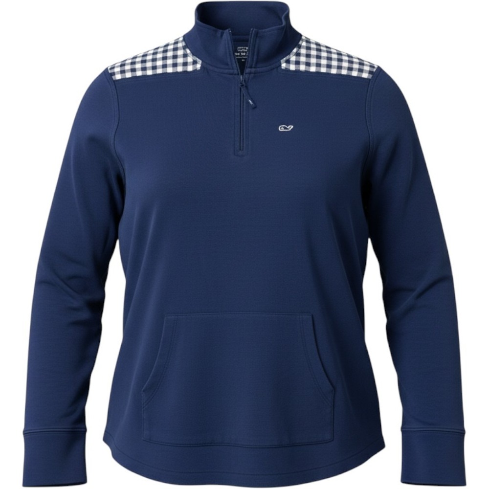 Vineyard Vines Pullover Women Large Navy Blue Good Gingham 1/4 Zip Pocket